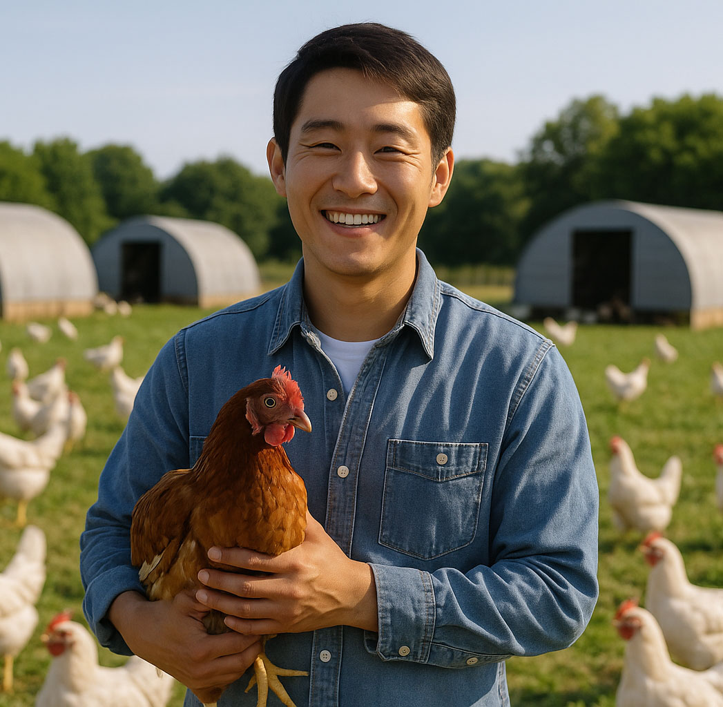 A smiling Korean farmer holding a healthy chicken in a free-range poultry farm setting, with roaming birds and shelters in the background.